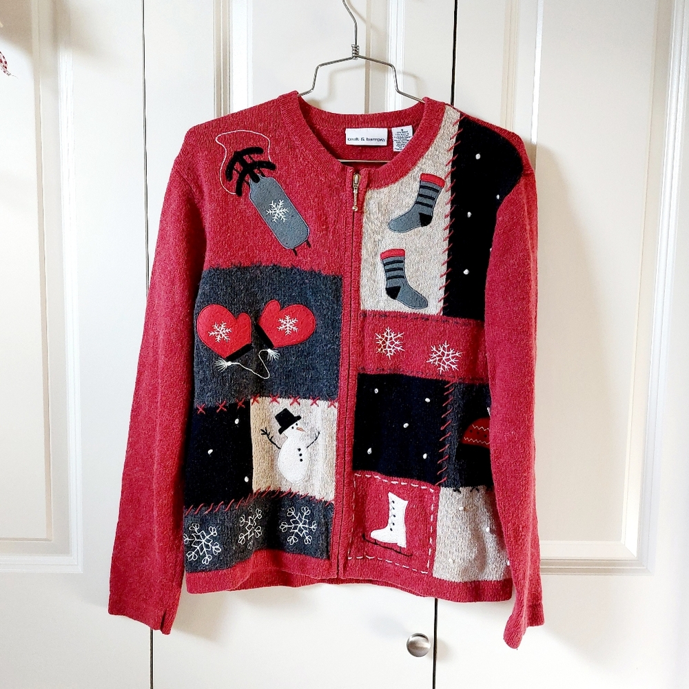 Ice Skate, Snowman & Mittens‎ Red Patchwork Zip Cardigan Small Wool Christmas